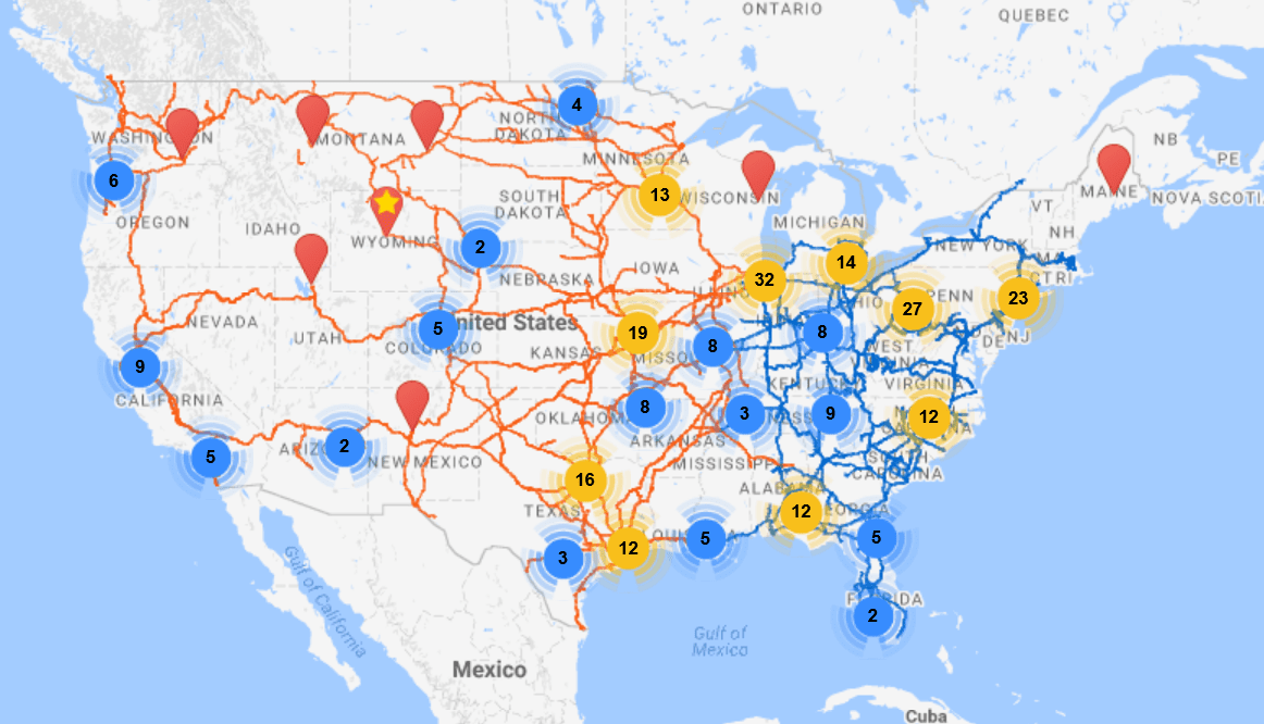 a colorful map showing rail service locations plotted along class one railroads