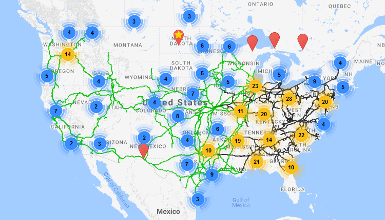 A colorful map showing railcar storage locations plotted along class one railroads