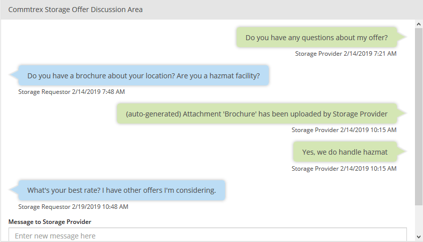  An image containing conversation bubbles between a railcar Storage Provider and a Storage Requestor negotiating storage terms