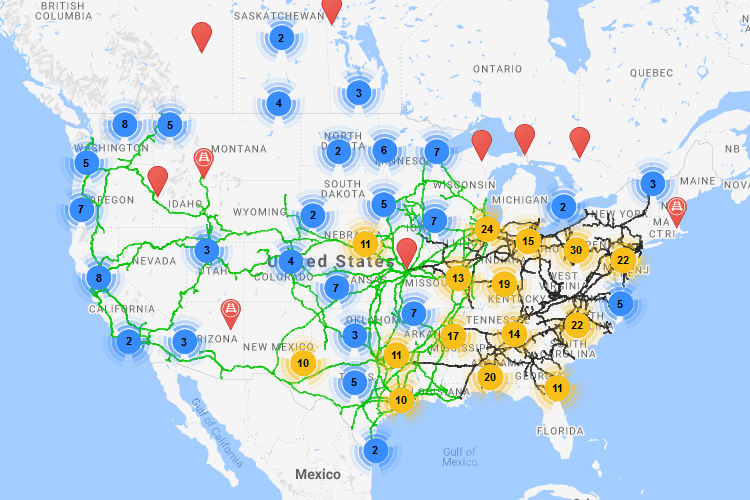 A colorful map showing railcar storage facilities plotted along class one railroads.