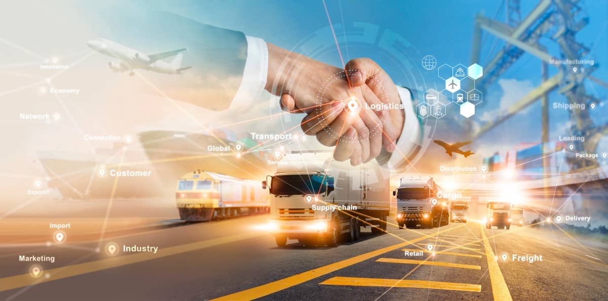 Two hands shaking super-imposed over multiple modes of cargo transportation