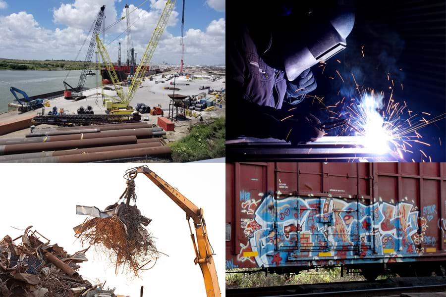 A 4-section photo depicting transloading equipment at a port, a welder in a maintenance shop, a scrap metal recycling center, and a red freight car covered with dirt and graffiti