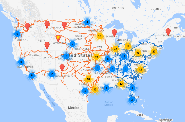 A colorful map with hundreds of rail service locations plotted alongside the BNSF and CSX railroads