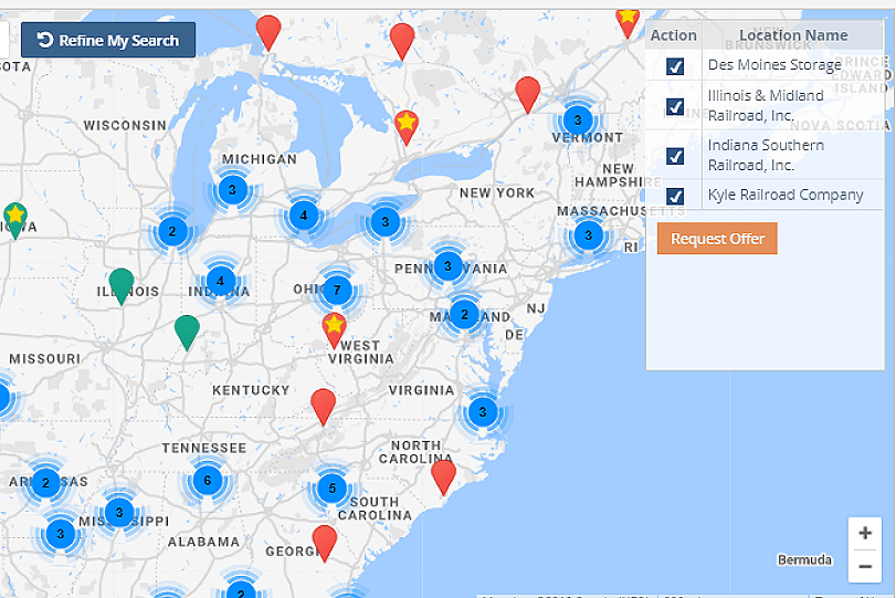 A map with several railcar storage locations selected. There is a holding area in the corner of the screen illustrating the different storage providers who will receive the storage request once submitted.