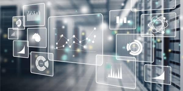 Big data analytics concept in a data center with multiple rows and computing equipment