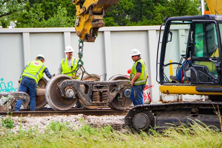 Three railroad disaster recovery crews working swiftly to put a derailed train back on track