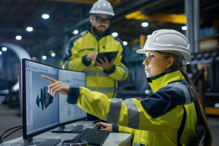 Female and male engineers working together on material handling equipment designs inside a factory