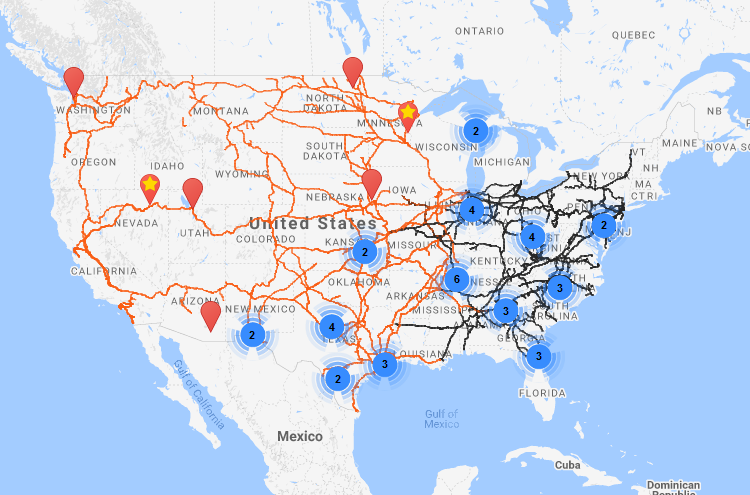 A map with dozens of industrial rail switching services plotted alongside select class one railroads