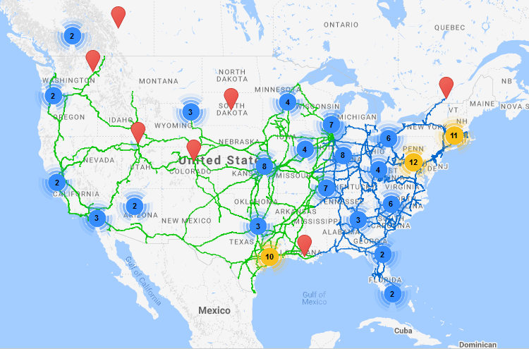 A map with dozens of railroad track services companies plotted alongside select class one railroads