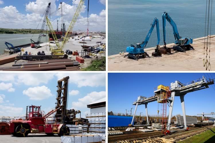 A colorful, 4-quandrant photo showing transloading cranes at a port, 2 blue Fuchs material handlers at a transload port, a Taylor Toploader at a transloading facitlity, and a gantry crane loading sleepers on a railway station platform
