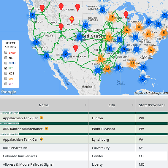A map full of rail service locations across the US Verified Service Providers have a yellow star on a red location marker. Beneath the map, search results are displayed, showing the Verified Locations highlighted with the Commtrex yellow verified symbol next to their name.