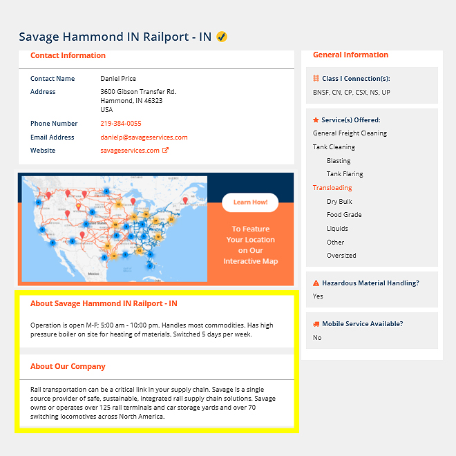 A Screen Shot of a Transloading provider. The photo contains details such as the name of the rail service location, contact details, and services offered. There is a Verified symbol next to the business name. There is also a section containing additional details about the location and the company who owns it. You can also see a map in the middle showing transloading locations across the US suggesting users may want to learn how to become featured on the map.