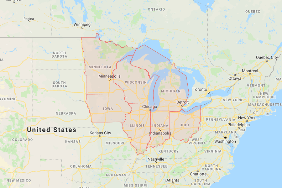 A grouping of the United States Midwest Region that consists of Illinois, Indiana, Iowa, Michigan, Minnesota, Ohio, Wisconsin.