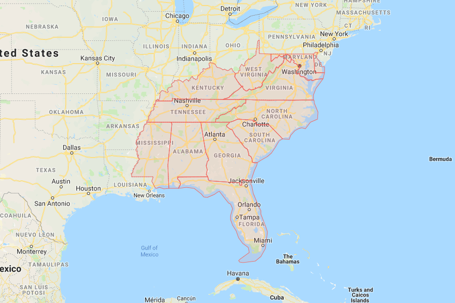 A grouping of the United States Southeast Region that consists of Alabama, Delaware, District of Columbia, Florida, Georgia, Kentucky, Maryland, Mississippi, North Carolina, South Carolina, Tennessee, Virginia, West Virginia.