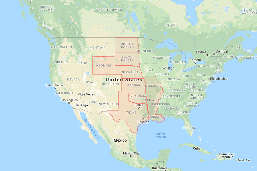 A grouping of the United States Central Region that consists of Arkansas, Kansas, Louisiana, Missouri, Nebraska, North Dakota, Oklahoma, South Dakota, Texas, Wyoming.