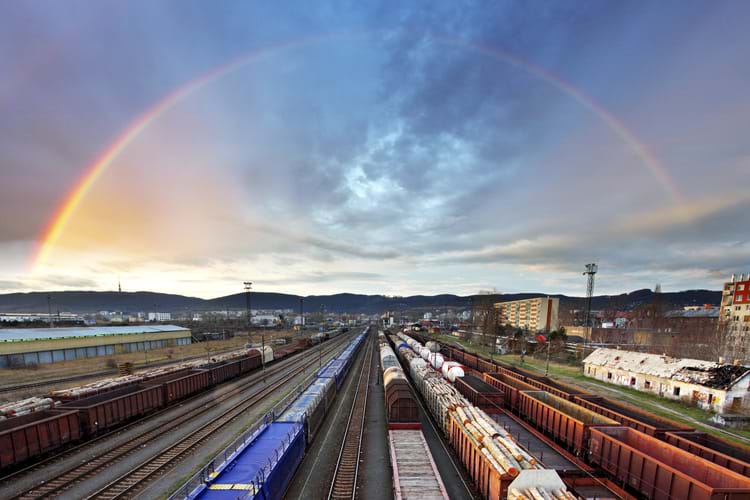 Railcar storage facility under a rainbow