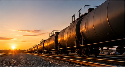 Rail tank cars at sunset