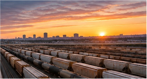Freight railyard at sunset
