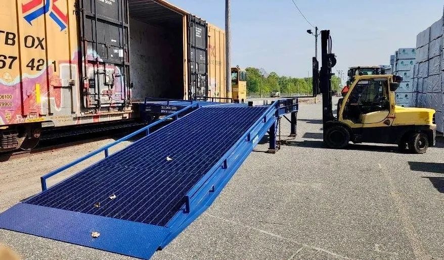 Portable loading ramp set up at a boxcar door
