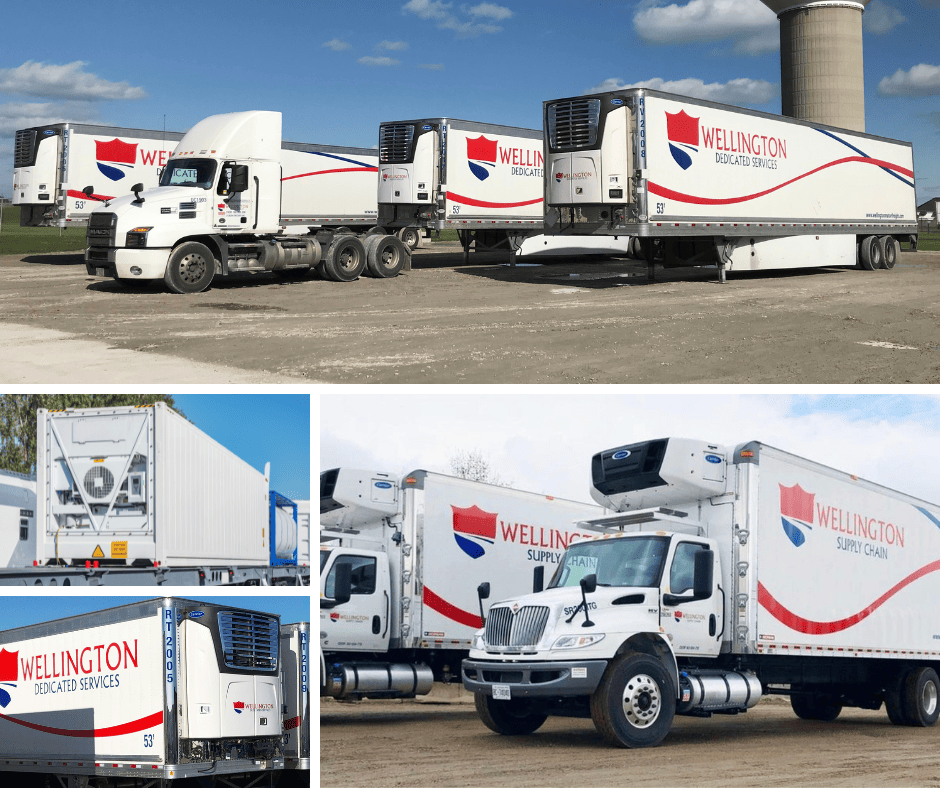 A collage of refrigerated transportation equipment, including 53 foot vans, straight trucks, genset containers and thermal containers.