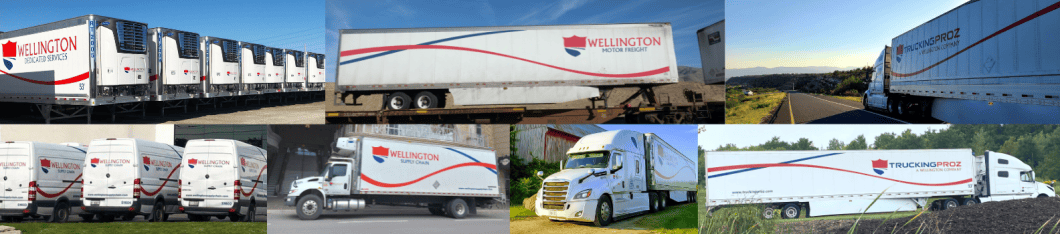 A collage of Wellington Motor Freight trucking equipment, including, reefers, dry vans, sprinter vans, and straight trucks.