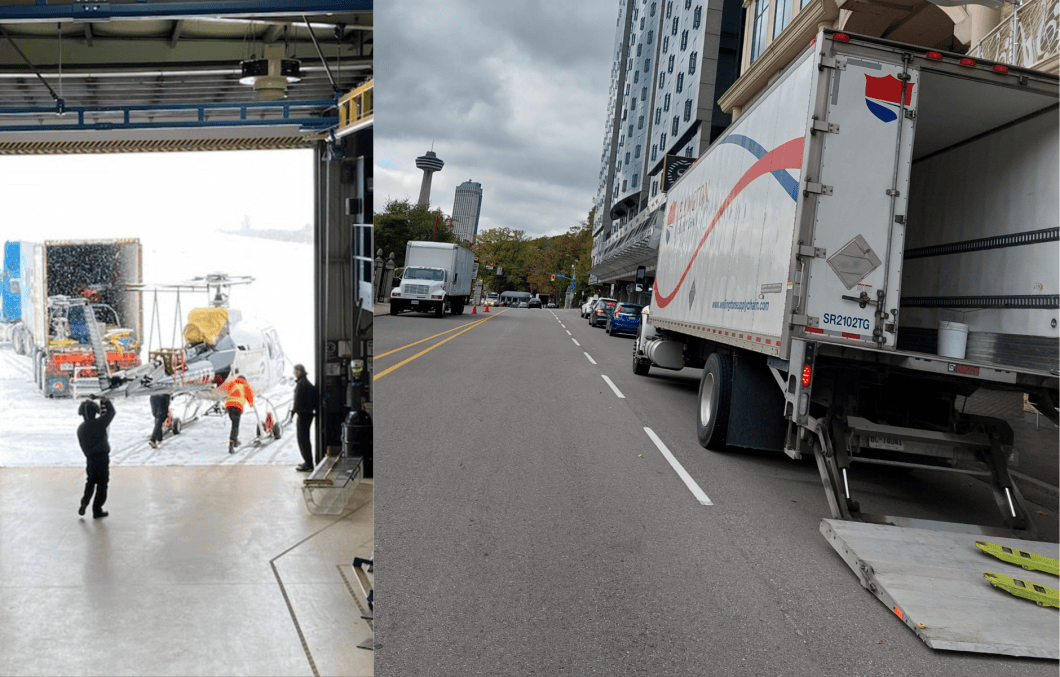 A collage, the left images showcases Wellington Motor Freight helping to move a helicopter, and the right image showcases a Wellington Supply Chain straight truck utilizing it's liftgate that is lowered all the way to the ground.